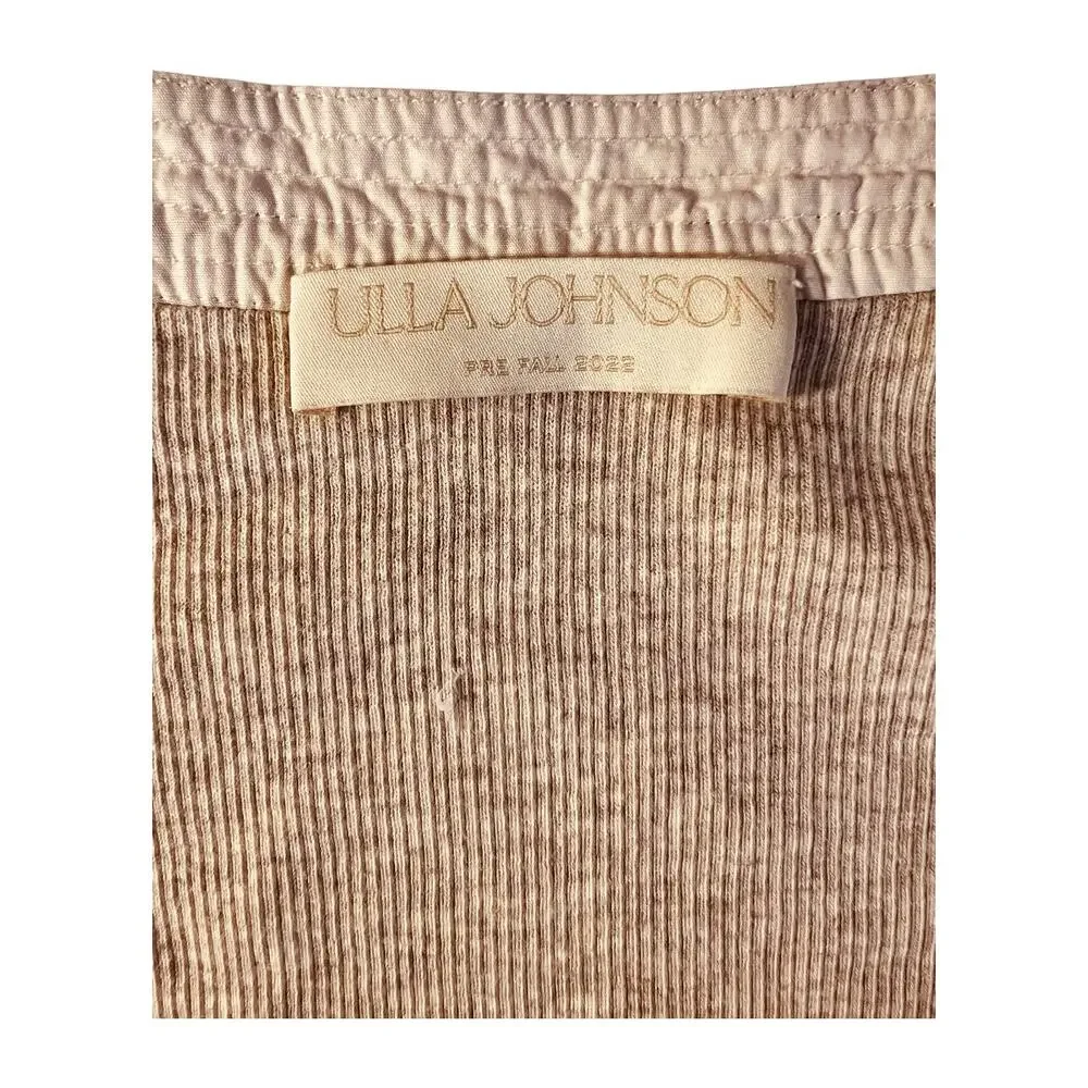 Ulla Johnson Janette Oatmeal Beige Cotton Ribbed Puff Short Sleeve Henley Top P
